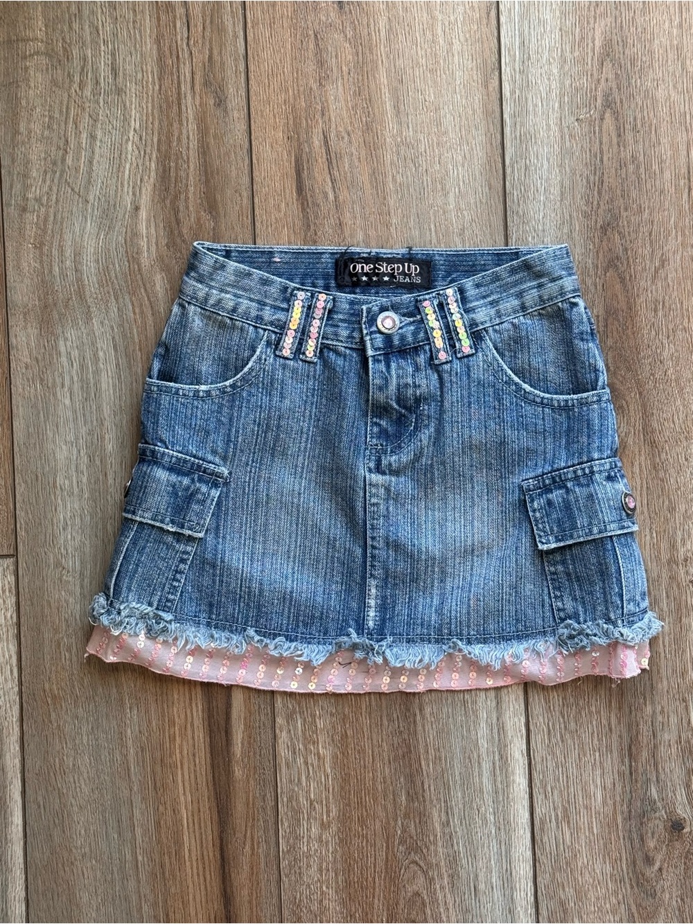 One Step Ahead Blue Denim Mini Skirt with Pink Sequin Trim